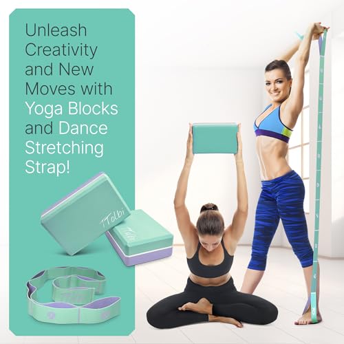 Yoga Blocks 2 Pack with Strap and Guide – Soft Non-Slip EVA Foam Blocks | High-Density Pilates Blocks for Home Workouts, Dance, Ballet, Gymnastics & Stretching Exercise, Dance Accessories and Gifts - color: Mint/Purple & Stretch Band Mint