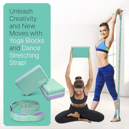 Yoga Blocks 2 Pack with Strap and Guide – Soft Non-Slip EVA Foam Blocks | High-Density Pilates Blocks for Home Workouts, Dance, Ballet, Gymnastics & Stretching Exercise, Dance Accessories and Gifts - color: Mint/Purple & Stretch Band Mint