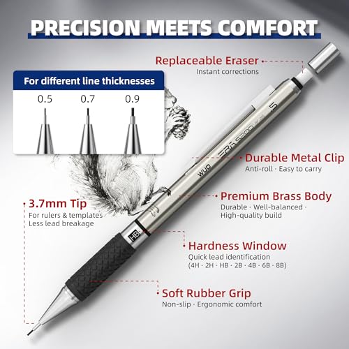 WUO 36PCS Art Mechanical Pencil Set with Storage Case, Metal Drawing Pencil | 0.5, 0.7, 0.9mm & 3PCS 2mm (2H HB 2B 4B Color) & 432 Lead Refills, 1 Eraser Pen, Artist Tech Pencils for Sketching, Drafting - color: Black+Silver1 - 3 Sizes + 2.0mm