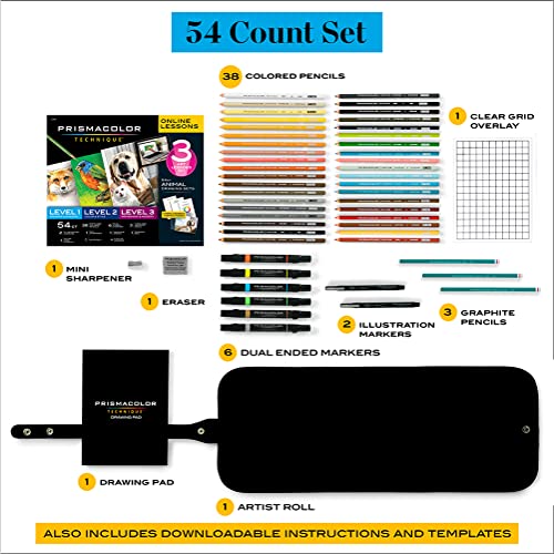 Prismacolor Technique Art Supplies and Digital Art Lessons, Animal Drawing Set Bundle, Levels 1-3, Adult Coloring, 54 Count - style: Animal Level 1-3