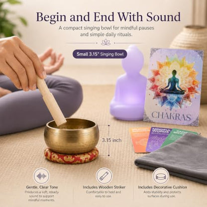 Meditation Cushion Set with Buckwheat Zafu Pillow, Meditation Starter Kit | Meditation Starter Kit with Buckwheat Zafu Cushion, Breathing Light, Singing Bowl & Eye Pillow for Mindfulness