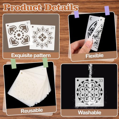 MWOOT 56 Pcs Mandala Stencils, Floral Templates for Painting on Wood, Tile, Stone, Canvas, Floral Stencils for Crafts Reusable, DIY Crafts Scrapbook Decor, 7.62x7.62 CM