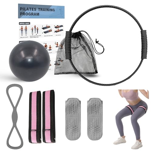Wavar Pilates Essentials Kit for Women, 13.5" Magic Circle Fitness Set | with mini ball & resistance bands, for beginner home workouts, including exercise guide - color: Black