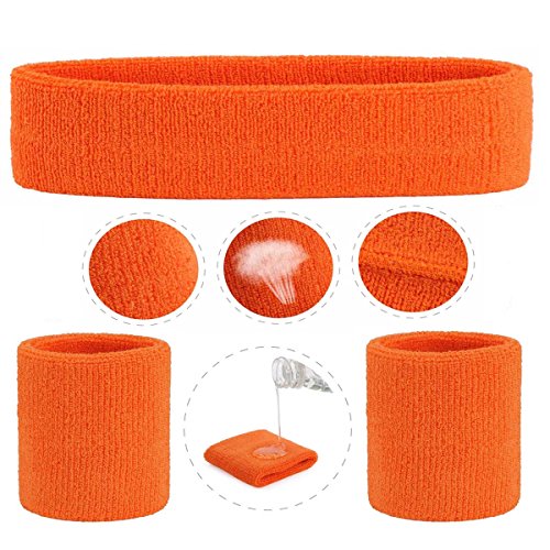ONUPGO Sweatband Set Sports Headband Wristband Set Sweatbands Terry Cloth Wristband Wrist Sweatband Headbands Moisture Wicking Sweat Absorbing Head Band - color: Orange