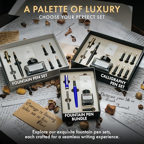 Wordsworth & Black Fountain Pen Gift Set, Medium & Extra Fine Nib, Blue | For Men & Women, Brass Body, 18K German Iridium, Ink Bottle + 6 Cartridges, Converter, Writing & Calligraphy, Journaling - color: Blue Chrome