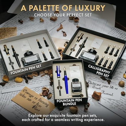 Wordsworth & Black Fountain Pen Gift Set, Medium & Extra Fine Nib, Blue | For Men & Women, Brass Body, 18K German Iridium, Ink Bottle + 6 Cartridges, Converter, Writing & Calligraphy, Journaling - color: Blue Chrome