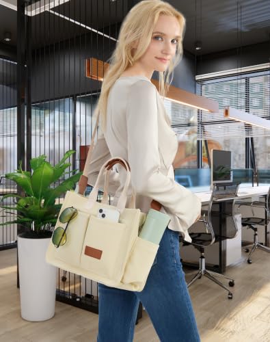ZHMO Canvas Tote Bag for Women,Women's Bags Crossbody Bags Work Laptop Tote Bag Large Handbags Purse for Travel Nurse Teacher - color: New Upgrade Beige With Compartments and Side Cup Holders
