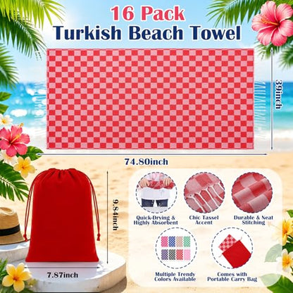 Peryiter 16 Pcs Oversized Cotton Turkish Beach Towels with Storage Bags - Quick Dry, Sand-Free, Lightweight, Checkerboard 35x71 Inch Towels for Pool, Beach, Yoga, Camping, Spa