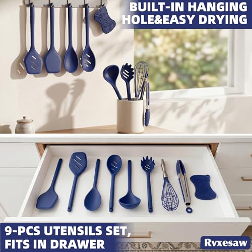 Kitchen Utensils Set,9 PCS Silicone Cooking Utensils Set Spatula Set,Tongs,Spoon,Whisk,Brush,Dishwasher Safe Kitchen Gadgets for Non-Stick Cookware,Home Essential，Kitchen Appliances(Navy Blue) - color: Navy Blue