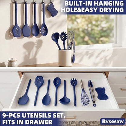 Kitchen Utensils Set,9 PCS Silicone Cooking Utensils Set Spatula Set,Tongs,Spoon,Whisk,Brush,Dishwasher Safe Kitchen Gadgets for Non-Stick Cookware,Home Essential，Kitchen Appliances(Navy Blue) - color: Navy Blue