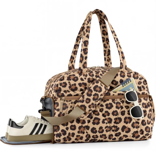 Women's Duffle Gym Bag, Carry-On Shoe Compartment for Weekender Overnight - color: Cheetah, size: Medium