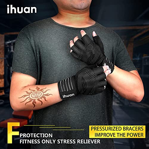 ihuan Ventilated Weight Lifting Gym Workout Gloves with Wrist Wrap Support for Men & Women, Full Palm Protection, for Weightlifting, Training, Fitness, Hanging, Pull ups - color: Black, size: Large (Pack of 2)