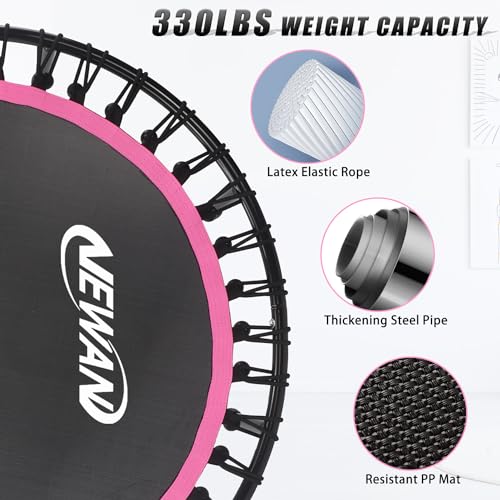 Newan 40"-48" Silent Mini Trampoline Fitness Trampoline Bungee Rebounder Jumping Cardio Trainer Workout for Adults-Max Limit 330lbs - color: 48" Round Pink (have Handle)