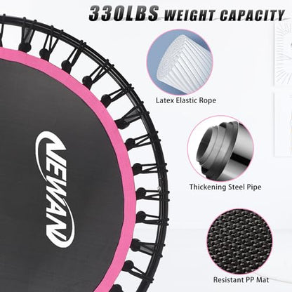 Newan 40"-48" Silent Mini Trampoline Fitness Trampoline Bungee Rebounder Jumping Cardio Trainer Workout for Adults-Max Limit 330lbs - color: 48" Round Pink (have Handle)