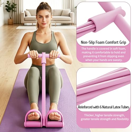 7F 2026 Pedal Resistance Band with Handles, 6-Tube Elastic Exercise Band for Abdomen/Waist/Arm/Leg, Durable Natural Rubber Home Gym Fitness Equipment, Pink
