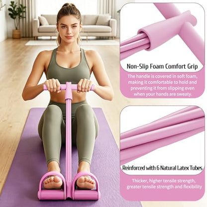 7F 2026 Pedal Resistance Band with Handles, 6-Tube Elastic Exercise Band for Abdomen/Waist/Arm/Leg, Durable Natural Rubber Home Gym Fitness Equipment, Pink