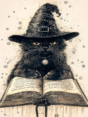 AWUJON Diamond Painting Kits for Adults, Witchy Cat 5D Diamond Art Kits Full Drill Diamond Dots DIY Paintings with Diamonds Gem Art and Crafts Home Wall Decor 12x16 inch - color: Witchy Cat