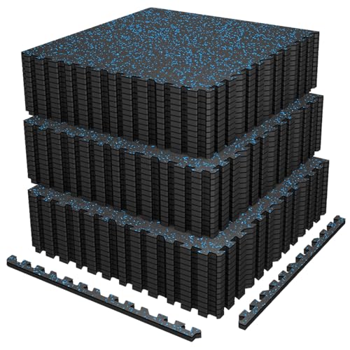 AIRHOP 0.56in Thick 144 Sq Ft Exercise Equipment Mats, 36 Tiles Upgraded Rubber Top with High Density EVA Foam, Large Interlocking Puzzle Gym Flooring for Home Gym, Heavy Weight Workout, 24 x 24in - color: Black/Blue, size: 144 Sq Ft (36 Tiles)