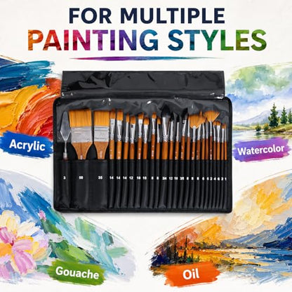 DJAR 25 Pcs Multi-Shape Nylon Paint Brush Set with Cloth Roll Bag | Professional Art Supplies for Acrylic, Oil, Watercolor & Gouache Painting, Craft Brush Kit for Beginners, Students and Adults