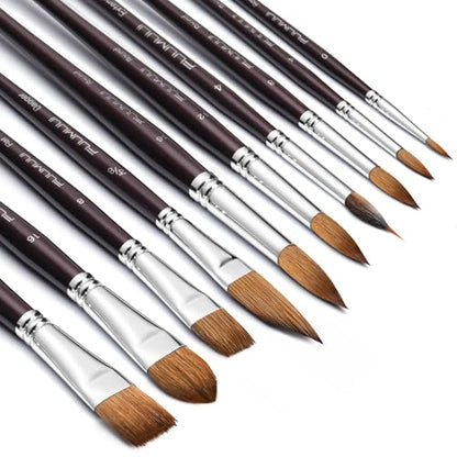 Fuumuui Sable Watercolor Brushes, Professional 10Pcs Sable Paint Brush Set Variety Shapes with Flats, Extended Needle Point, Dagger, Cat's Tongue, Rounds Perfect for Watercolor Acrylic Gouache Inks - color: Brown
