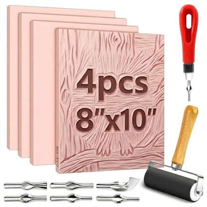 4 Pack Pink Rubber Stamp Carving Blocks, 8"x10" (0.6cm Thick) with Tools Kit, Soft Rubber Linoleum Block for Craft Project DIY Stamp Making Supplies for Artists, Beginners - size: 8"x10"