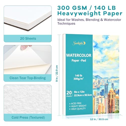 Suokata Watercolor Paper Book, 9"x12", 300 GSM Cold Press Texture Paper Pad | 140lb Thick Paper for Watercolor, Gouache & Acrylic Paint, Heavyweight White Water Color Paper for Beginners, Artists, Adults - color: Teal