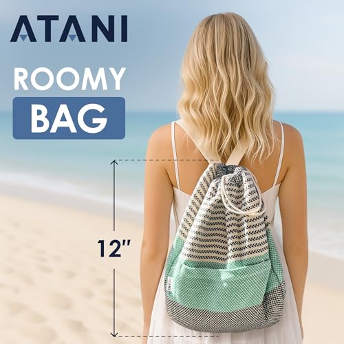 ATANI Turkish Beach Towel, Converts to a Bag, Oversized 100% Cotton Bath Towels Lightweight Quick-Dry Beach Blanket for Travel, Picnic, Camping, Yoga and Pool (Green x Black, 71 inc x 39 inc) - color: Green X Black, size: 71 inc x 39 inc
