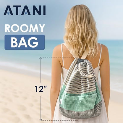 ATANI Turkish Beach Towel, Converts to a Bag, Oversized 100% Cotton Bath Towels Lightweight Quick-Dry Beach Blanket for Travel, Picnic, Camping, Yoga and Pool (Green x Black, 71 inc x 39 inc) - color: Green X Black, size: 71 inc x 39 inc