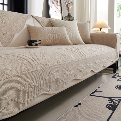 vctops Cotton Quilted Couch Cover Farmhouse Counrty Floral Embroidered Sofa Cover Non Slip Soft Scalloped Sofa Slipcover Washable Furniture Protector for Dog Pet Cat (Khaki,28"x70") - color: Khaki, size: 1pc/28"x70"/Rectangular