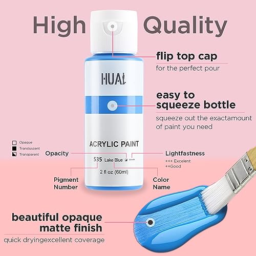 HUAL Acrylic Paint Set With 5 Brushes, 24 Colors (60ml, 2oz) for Artists Kids Beginners & Painters,Model/Canvas/Rock/Fabric/Glass/Stone/Ceramic/Wood Painting, Non Toxic - color: White Bottle
