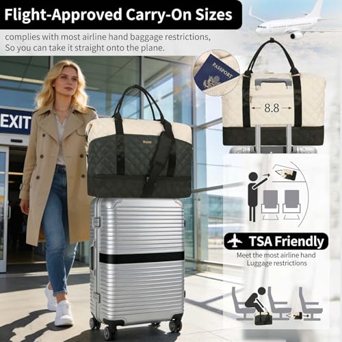 Weekender Bag, Large Travel Duffel Bag for Women, Carry on Overnight Bag with Shoe Compartment and Toiletry Bags - color: F-3PCS Beige Green