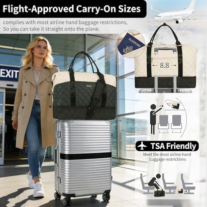 Weekender Bag, Large Travel Duffel Bag for Women, Carry on Overnight Bag with Shoe Compartment and Toiletry Bags - color: F-3PCS Beige Green