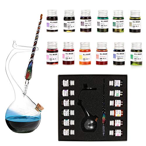 Handmade Glass Dip Pen Ink Set, Crystal Calligraphy Pen with Colorful Inks | High Borosilicate Glass Dip Pen Set with 12 Colorful Inks for Writing, Calligraphy, Signatures, Art and Gifts(Colorful) - color: Colorful