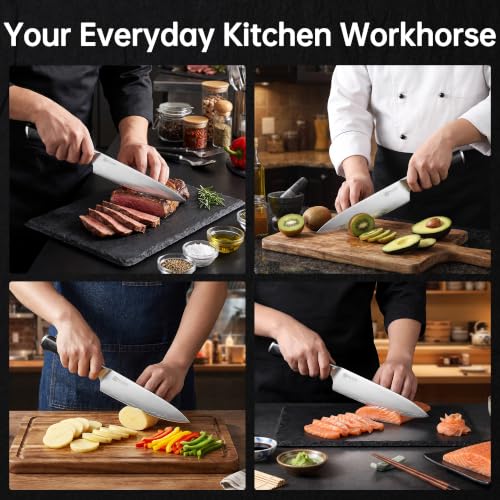 PAUDIN Chef Knife 8 Inch, Ultra Sharp Kitchen Knife 62 HRC, 9-Layer High Carbon Steel Professional Chefs Knife with Full Tang Ergonomic Wood Handle, Meat Vegetable Slicing Knife,Gift for Men Women - color: 8 Inch Chef Knife