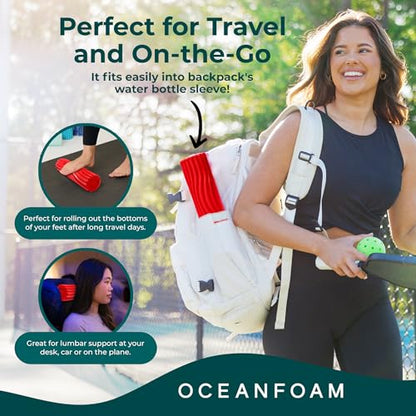 Oceanfoam Ripple Travel Foam Roller (11" x 3.35") Firm Mini Foam Roller for Physical Therapy, Deep Tissue Massage, Back Pain - High Density, Ergonomic Wave Textured - Yoga, Pilates, Exercise (Red) - color: Red