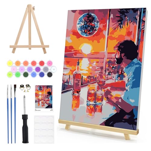 NEWENMO Paint by Numbers Kit for Adults Framed with Wooden Easel, Vintage Cocktail, Adults' Paint-by-Number Kits on Canvas Retro Disco Ball, DIY Oil Painting Kit for Home Wall Decor 8x12 Inch - color: red