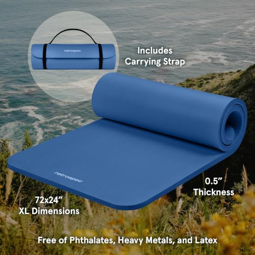 Retrospec Solana Yoga Mat Thick 1/2in Non-Slip Workout Mat with Nylon Strap - 72x24in Exercise Mat for Pilates, Stretching & Fitness - BPA Free, Easy Clean - color: Denim Blue