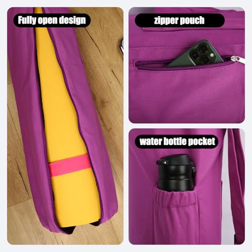 Cotton yoga mat bag with Pockets and Adjustable Strap - Full Zip Cargo Yoga Mat Carrier Bag - Bag for 1/4" 1/3" Thick Yoga Mat - color: Purple, size: XL