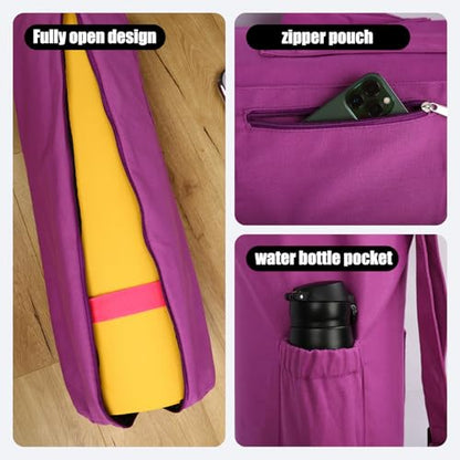 Cotton yoga mat bag with Pockets and Adjustable Strap - Full Zip Cargo Yoga Mat Carrier Bag - Bag for 1/4" 1/3" Thick Yoga Mat - color: Purple, size: XL