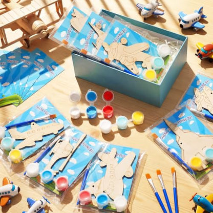 Saypacck 24 Pcs Airplane Party Favors Wooden Paint Craft Kits | DIY Painting Activity for Kids Parties, Includes Paints and Brush per Set, Goodie Bag Stuffers, Aviation Theme Projects - style: Airplane