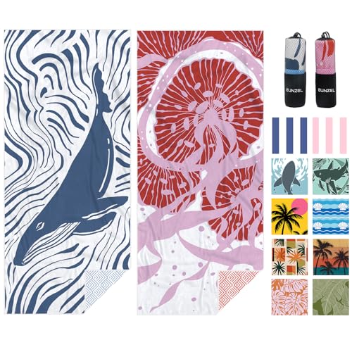Eunzel 2 Pack Microfiber Beach Towel, Quick Dry Travel Towel Large Sand Free Towel for Beach, Camping, Swim Pool, Gym, Sports& Yoga 71"x32", Whale& Jellyfish - color: Whale& Jellyfish