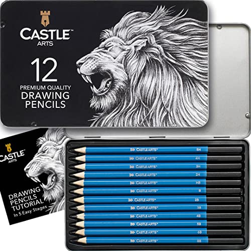 Castle Art Supplies 12 Piece Graphite Drawing Pencils Kit for Adults | For beginner to advanced adult artists - compact, sturdy, attractive metal case with tutorial included, easy to carry