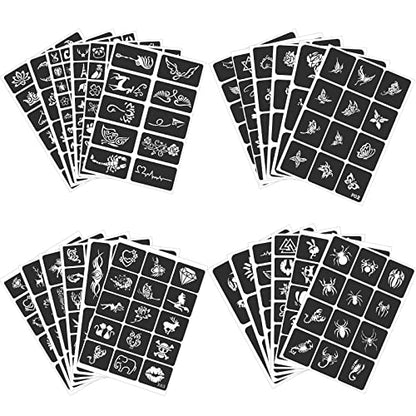 24 Sheets Henna Stencils for Kids Teens Adults | 400+ Reusable Tattoo Stencils, Glitter Tattoo Stencils For Face Hand Back