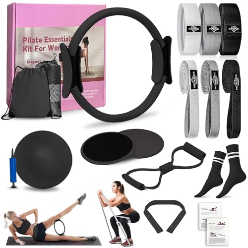 DICYWUDI Pilates Essentials Kit for Home Women, Pilates Equipment for Workouts, 6 Fabric Resistance Bands, 12 Inch Magic Circle Yoga Ring, Mini Exercise Ball, Great Exercise Equipment - color: 13pcs Black set