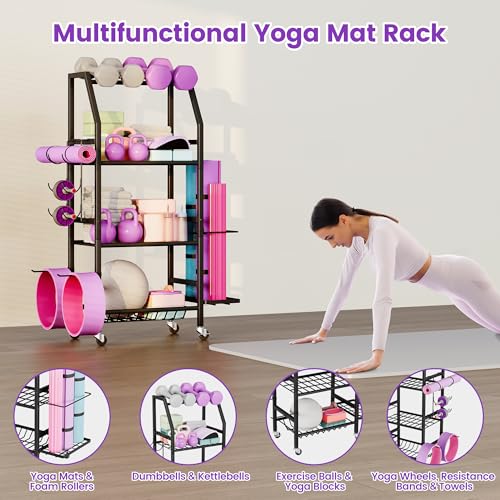 Homeiju Dumbbell Rack, Weight Rack for Home Gym, Yoga Mat Storage Holder with Lockable Wheels, Dumbbell Stand with Hooks, All in One Work out Equipment Storage for Yoga Mat Dumbbell and Balls - size: 4-Tier