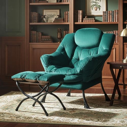 Tiita Lazy Chair with Ottoman, Comfy Reading Accent Chair, Velvet Green - color: Green