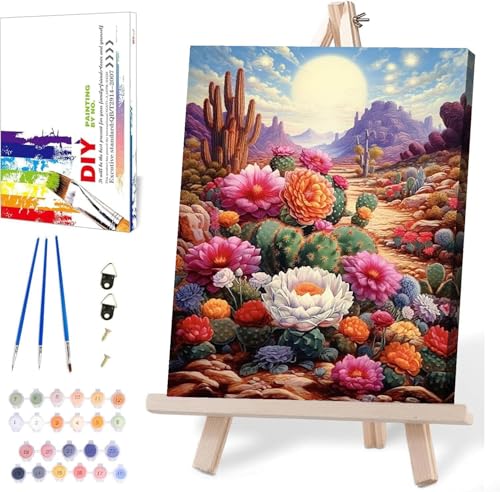MIRCVSH Landscape Paint by Numbers Kit for Adults,Adult Paint by Number with Wooden Framed,Desert Cactus Flowers Paint by Number for Home Wall Decor 12x16 Inch - color: DKH027