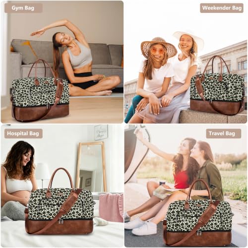 Large Women Travel Weekender Bag: Carry on Duffle with Shoe Compartment | Overnight Duffel Bags with Wet Pocket, Crossbody & Toiletry Bag, 3PCS Womens Traveling Tote Set for Hospital Gym Weekend Trip - color: Brown Leopard Print