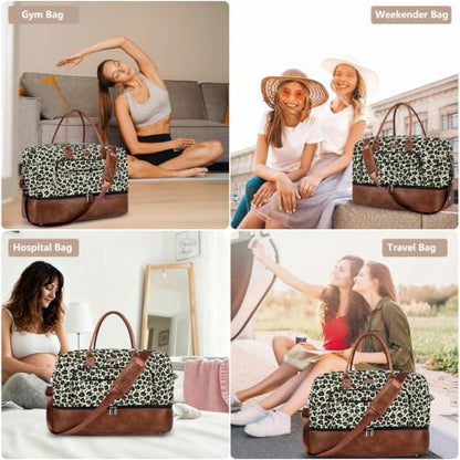Large Women Travel Weekender Bag: Carry on Duffle with Shoe Compartment | Overnight Duffel Bags with Wet Pocket, Crossbody & Toiletry Bag, 3PCS Womens Traveling Tote Set for Hospital Gym Weekend Trip - color: Brown Leopard Print