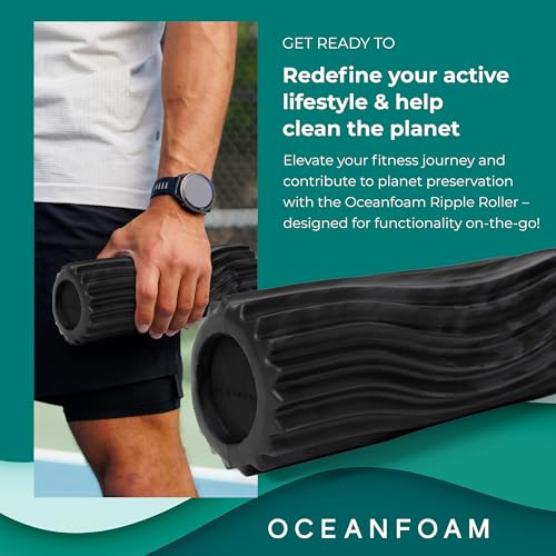 Oceanfoam Ripple Travel Foam Roller (11" x 3.35") Firm Mini Foam Roller for Physical Therapy, Deep Tissue Massage, Back Pain - High Density, Wave Textured - Yoga, Exercise (Black & Charcoal Marbled) - color: Black & Charcoal Marbled